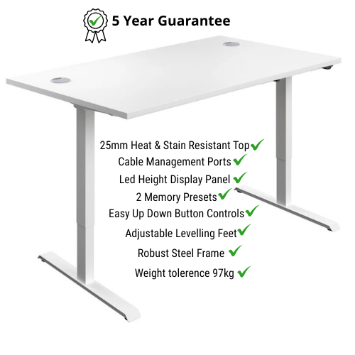 Electro Elevate Electric Single Motor Height Adjustable Sit Stand Office Desk W1200xD800 White Top White Frame 5 Year Warranty